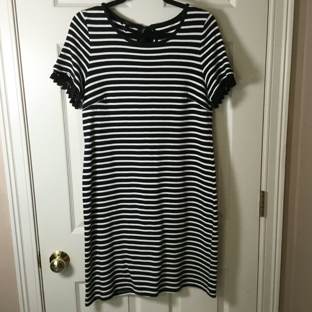 Talbots Black & White Striped Petite Dress with Fringe Trim - Large Petite